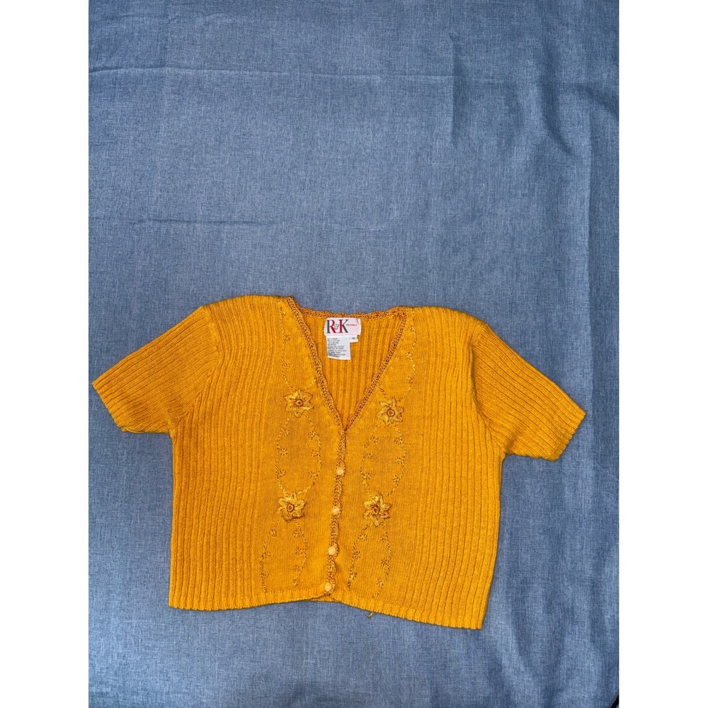R&K Originals Cardigan Womens 12 Yellow Floral Embroidered Ribbed Short Sleeve